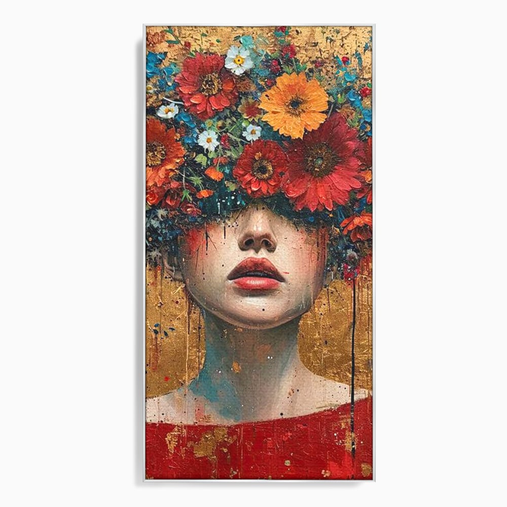 Tablou canvas cu tablou canvas cu portret de femeie si flori, in rama de aluminiu argintiu